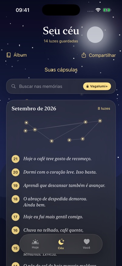 Vagalumi: o céu de memórias, com as frases do mês
